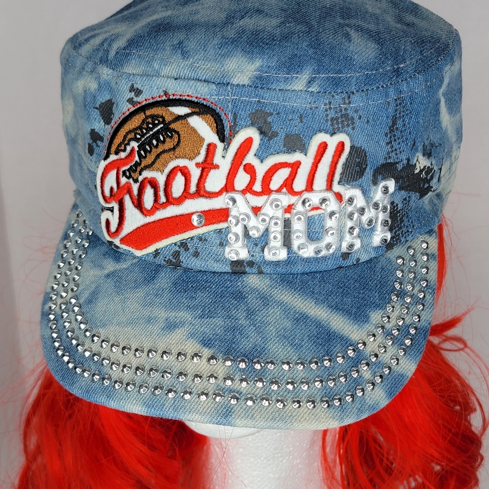 ``H25222 NWT Professional Style Rhinestone Football MOM Cadet Cap - Light Splash